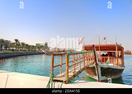 A view of traditional boat known as Dhow in Qatar. It was used for transportation of good to and from other countries in old time. Stock Photo