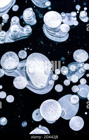 Shape and details of methane bubbles trapped in ice during a cold winter Stock Photo