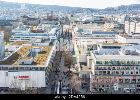 Stuttgart, Germany – January 24, 2018. View over Konigstrasse street, the main pedestrian zone of the city centre of Stuttgart. View with residential Stock Photo