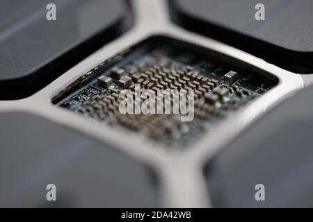 Back side of modern motherboard with computer processor mount Stock Photo