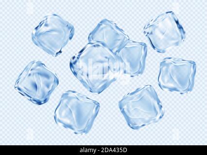Set of ice transparent clear cubes isolated on light blue transparent background. Vector illustration Stock Vector