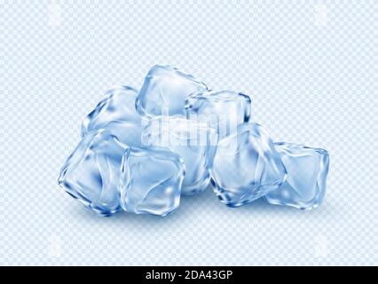 Group of ice transparent clear cubes isolated on light blue transparent background. Vector illustration Stock Vector