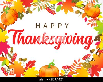 Happy Thanksgiving typography poster with wreath pumpkin, berries and leaves. Hand drawn quote 'Happy Thanksgiving' for autumn postcard, sale banner Stock Vector