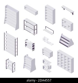 Bookshelf isometric - collection of various cases and shelves for books for home and store interior design. Stock Vector