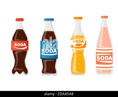 Soda bottles set with label glass bottles with different types of soda non alcohol drink flat vector illustration isolated on white background Stock Vector