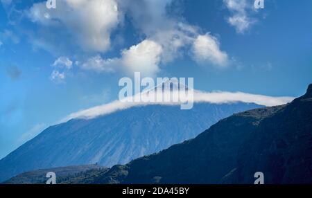Close up of mist and cloud shrouded Mount Teide volcano in Tenerife, Spain Stock Photo