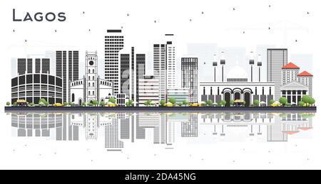 Lagos Nigeria City Skyline with Color Buildings and Reflections Isolated on White. Vector Illustration. Lagos Cityscape with Landmarks. Business. Stock Vector