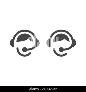 Call centre operator with headset. Customer support with headphones and microphone black vector icon. Stock Vector