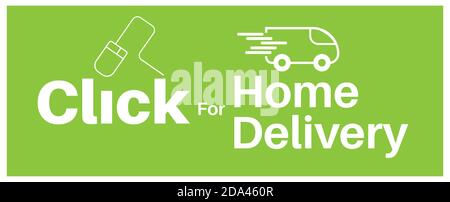 Click for home delivery internet shopping concept on a green background. Stock Vector