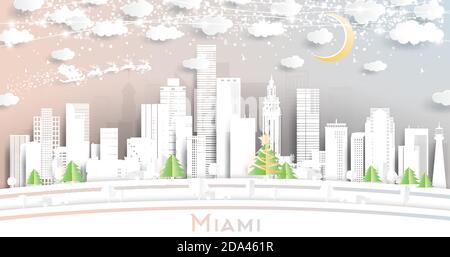 Miami Florida City Skyline in Paper Cut Style with Snowflakes, Moon and Neon Garland. Vector Illustration. Christmas and New Year Concept. Stock Vector