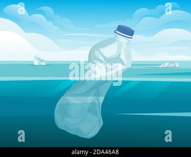 Crumpled plastic bottle in water ecology disaster plastic problem flat vector illustration with ocean and sky background Stock Vector