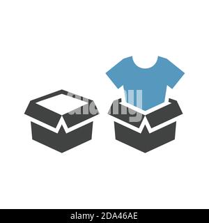 Open box with t-shirt black vector icon. Parcel, delivery cardboard container with blouse symbol. Stock Vector