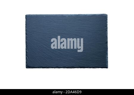 Black stone slate rectangular flat plate isolated on white. Stone cheese board. Stock Photo