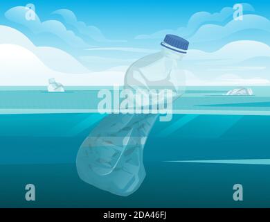 Crumpled plastic bottle in water ecology disaster plastic problem flat vector illustration with ocean and sky background Stock Vector