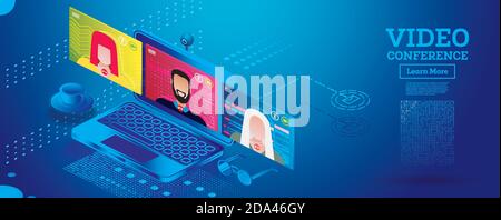 Working From Home. Group Videoconference On Laptop. Online Meeting. Isometric Concept with Notebook. Vector Illustration. Stock Vector