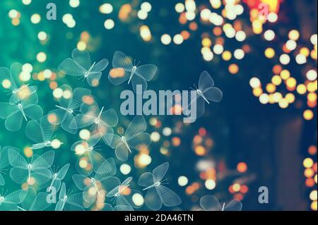 blurry lights background and abstract mesh moth butterflies. 3d illustration Stock Photo