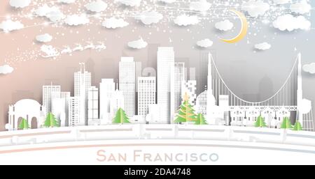 San Francisco California USA City Skyline in Paper Cut Style with Snowflakes, Moon and Neon Garland. Vector Illustration. Stock Vector