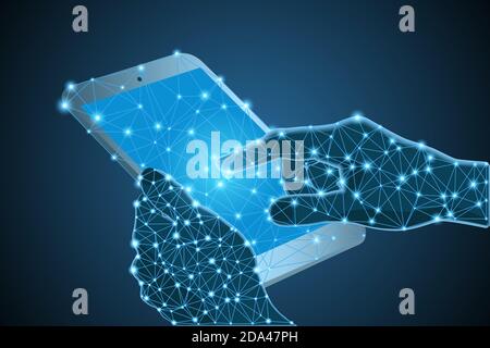 Tablet in hands low poly wireframe and lights Stock Vector