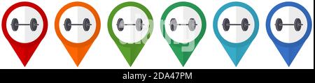 Fitness vector pointers, set of colorful flat design icons isolated on white background Stock Vector