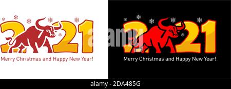 2021 year Logo design. Chinese new year of ox. Metal ox horoscope sign. New year symbol. Flat vector Ox sign isolated on transparent and black  backgr Stock Vector