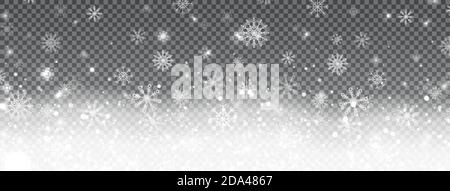 Winter celebration long banner. Realistic falling snowflakes on transparent background. Christmas design with snowflakes, snowdrifts, lights and stars Stock Vector