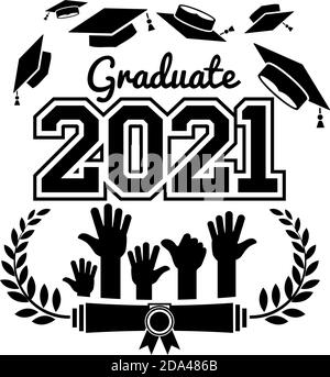 Class of 2021. The concept of design congratulations graduates of the school. Raised hands toss up the graduation caps. Can be used for greeting card, Stock Vector