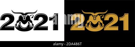 2021 year Logo design. Chinese new year of ox. Metal ox horoscope sign. New year symbol. Flat vector Ox sign isolated on transparent and black  backgr Stock Vector