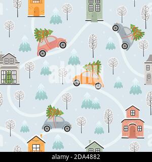 Seamless pattern with houses and cars in winter time. Vector illustration Stock Vector