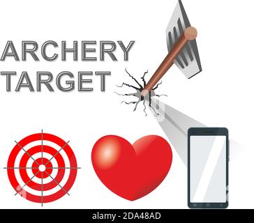 Arrow from a bow pierced the target. Choice of goals - target, heart, smartphone screen. Illustration, vector Stock Vector