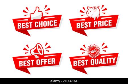 Set of Red ribbon and banner with Best Offers. Discount banner sale promotion template. Illustration, Vector Stock Vector