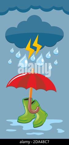 Autumn bad weather - open umbrella and rubber boots on background of clouds, rain and thunderstorms. Illustration, vector Stock Vector