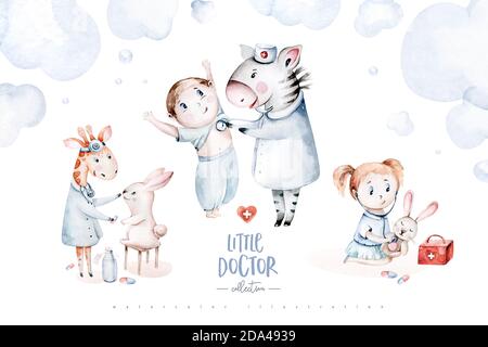 Cute cartoon animal zebra, hippo, giraffe doctor. pediatrics kids boy and girl. pills, ambulance, mask, bacteria, viruses, coronavirus. Watercolor