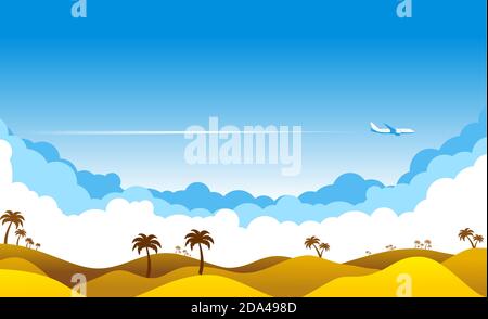 Blue sky with clouds and an airplane flying over yellow sandy desert. Airliner over an oasis in desert with palm trees. Illustration, vector Stock Vector