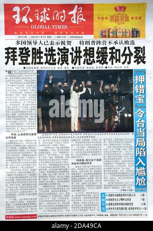 Beijing, China. 09th Nov, 2020. An influential state media newspaper features front-page coverage of the U.S. presidential elections as it goes on sale at a newsstand in Beijing on Monday, November 9, 2020. The Chinese government reacted with cautious optimism to Joe Biden's victory in the U.S. presidential election, expressing hope that he would welcome new trade talks as relations between the two countries deteriorated under U.S. President Trump. Photo by Stephen Shaver/UPI Credit: UPI/Alamy Live News Stock Photo