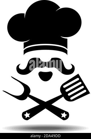 Restaurant cuisine icon logo, cook and kitchen flat design. Stylized chef hat, mustache and beard, fork, spatula. Vector illustration on transparent b Stock Vector