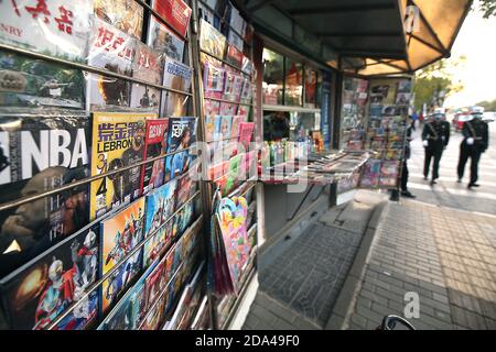 Beijing, China. 09th Nov, 2020. China state media have largely remained quiet regarding coverage of the U.S. presidential elections as no newspapers featuring coverage are on sale at a newsstand in Beijing on Monday, November 9, 2020. The Chinese government reacted with cautious optimism to Joe Biden's victory in the U.S. presidential election, expressing hope that he would welcome new trade talks as relations between the two countries deteriorated under U.S. President Trump. Photo by Stephen Shaver/UPI Credit: UPI/Alamy Live News Stock Photo
