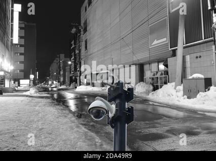 black close circuit television on night scene of footpath in alley at Hokkaido Japan Stock Photo