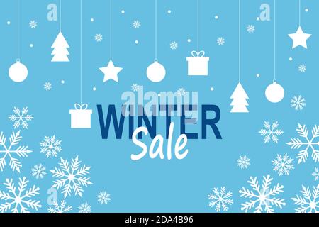 Beautiful winter template with decorations and text isolated on blue background. Winter sale background concept Stock Vector