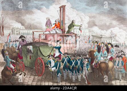 The execution by guillotine in the Place de la Concorde, Paris on January 21, 1793 of France’s King Louis XVI during the French Revolution.  After a hand-coloured print from the mid-1790’s. Stock Photo