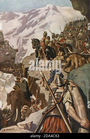 Hannibal crossing the Alps in 218 BC on his way to invade Italy during the Second Punic War.  After a work by Charles Winter. Stock Photo