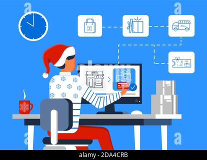 Christmas online order concept vector. Man in red hat make purchase in online store. Gift voucher in internet. Xmas sale shopping and contactless deli Stock Vector