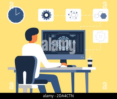 Freelancer concept vector. Remote work at home for programmer, seo, manager. Forex trader is working online. Mat sitting in front of computer screen w Stock Vector