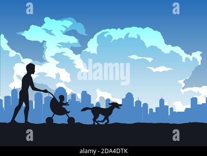 silhouette design of father carry  child in baby stroller,vector illustration Stock Vector