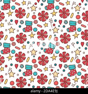 Vector seamless pattern with red and gold Christmas balls, bells, holly and poinsettia on a white background. Stock Vector