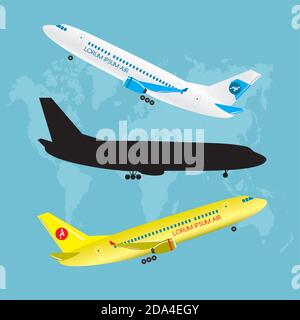 Yellow and white airplane,aircraft black silhouette Stock Vector