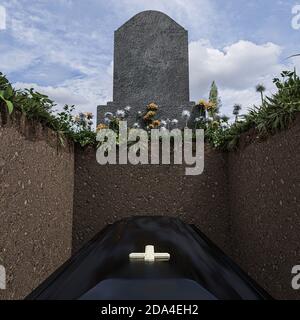 3d illustration of an open grave in the cemetery Stock Photo