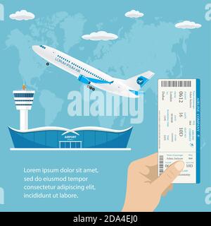 take-off aircraft and hand holding boarding pass ticket Stock Vector