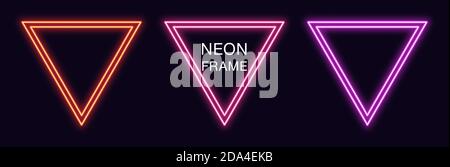 Neon triangle Frame. Set of triangular neon Border with double outline. Geometric shape with copy space, futuristic graphic element for social media s Stock Vector