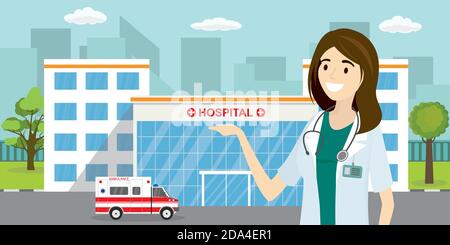 Ambulance car,hospital or clinic building and european female do Stock Vector