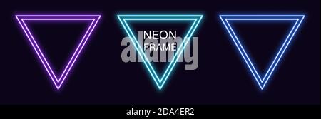 Neon triangle Frame. Set of triangular neon Border with double outline. Geometric shape with copy space, futuristic graphic element for social media s Stock Vector